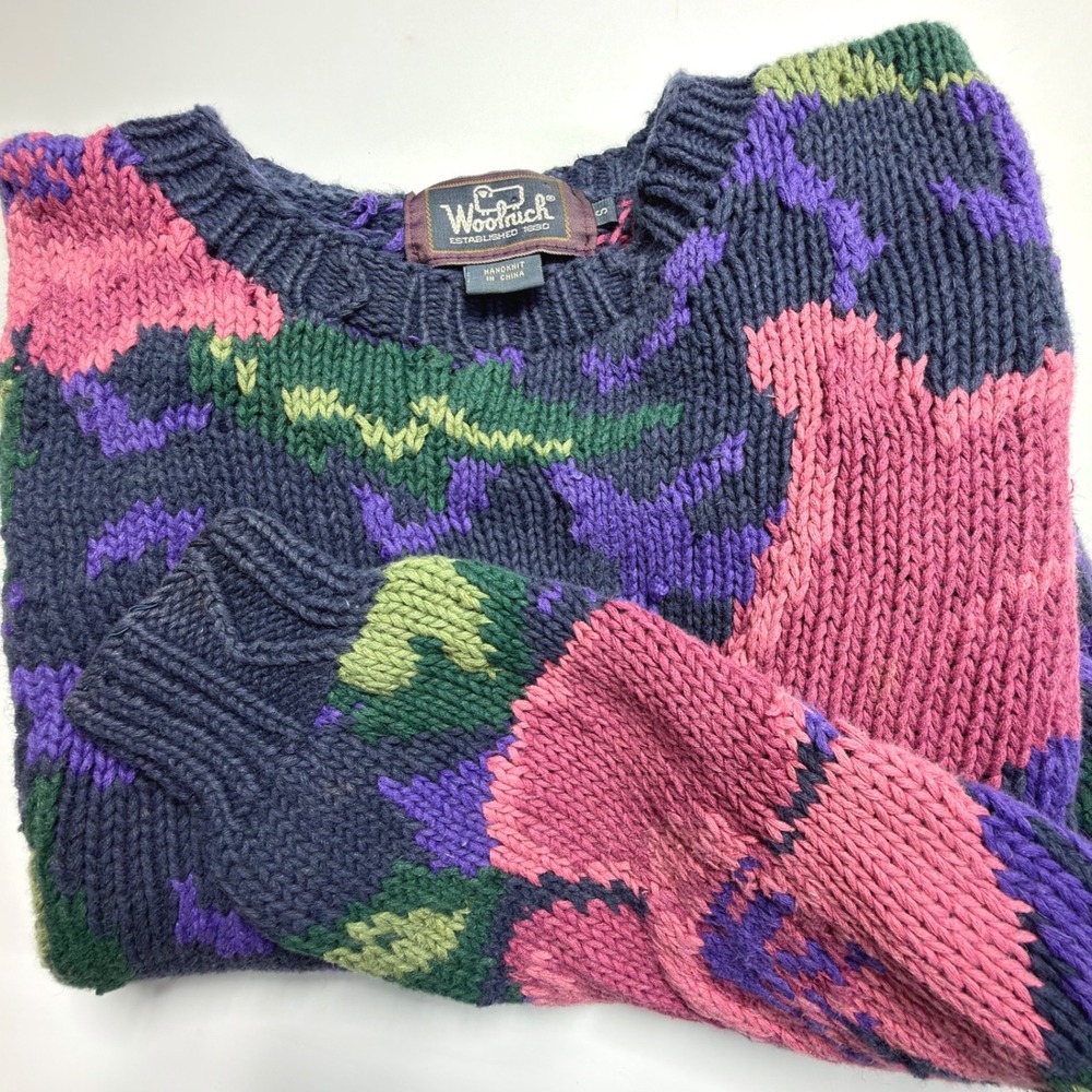 Woolrich Floral Hand Knit Wool Sweater Women's Small Vintage Cottagecore Chunky